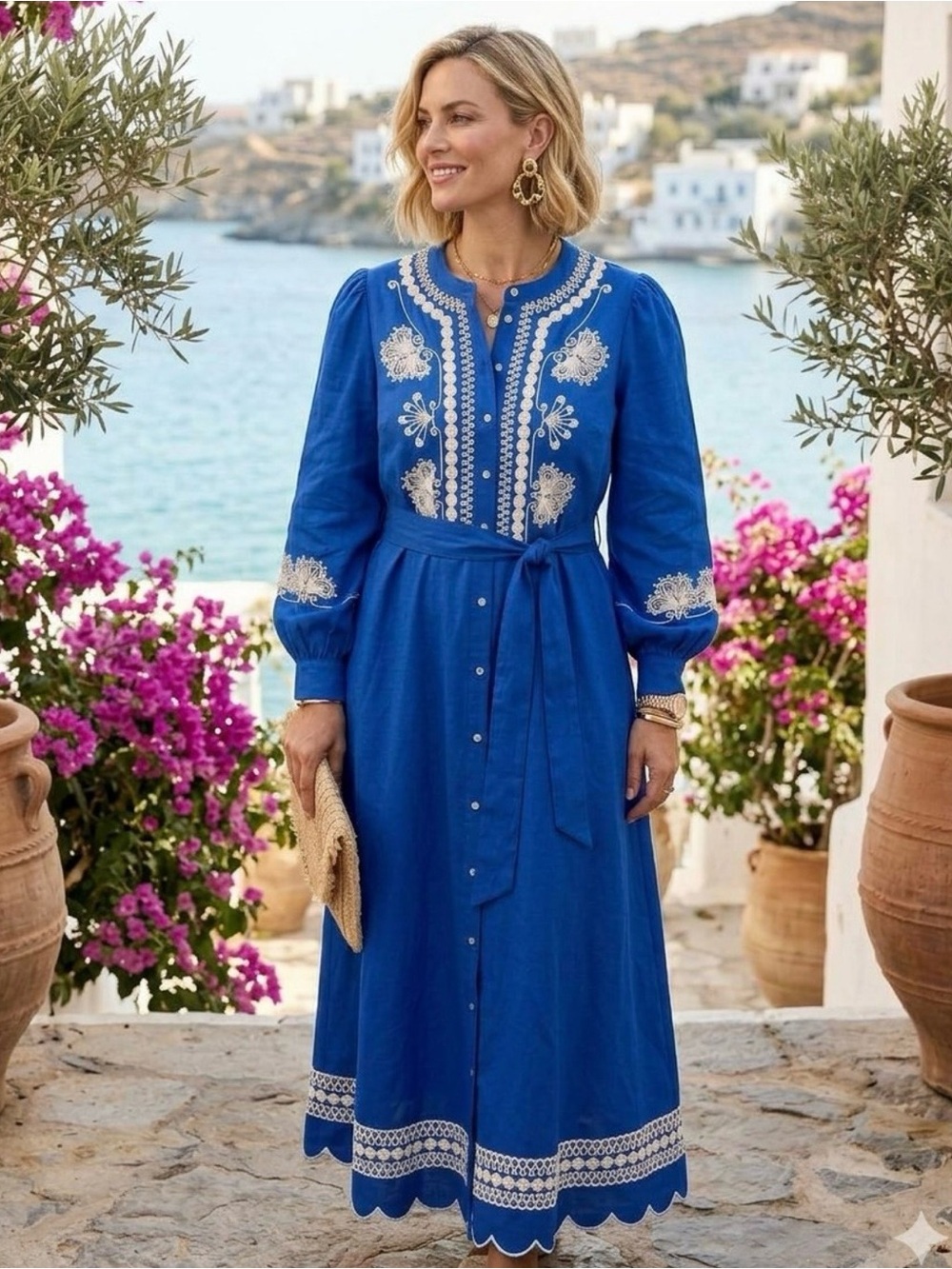 NEW Boden Ava Royal Blue White Embroidered Linen Blend Maxi Shirt Dress 16-18R